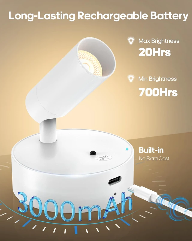 Alt view image 2 of 7 - Spotlights Indoor with Remote, 3000mAh Rechargeable Plant Spotlight Up Lights with 3 Colors & Dimmer, Small LED Picture Lights for Painting, Artwork, Accent Lighting, 1 Pack White