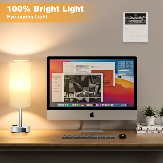 Alt view image 5 of 7 - Touch Bedside Table Lamps Set of 2 - Bedroom Lamp with USB A+C, AC Outlet 3-Way Dimmable, LED Bulb Included, White Fabric Lampshade, Sleek Silver Metal Base & Pole, 14" Small Nightstand Lamp for Desk