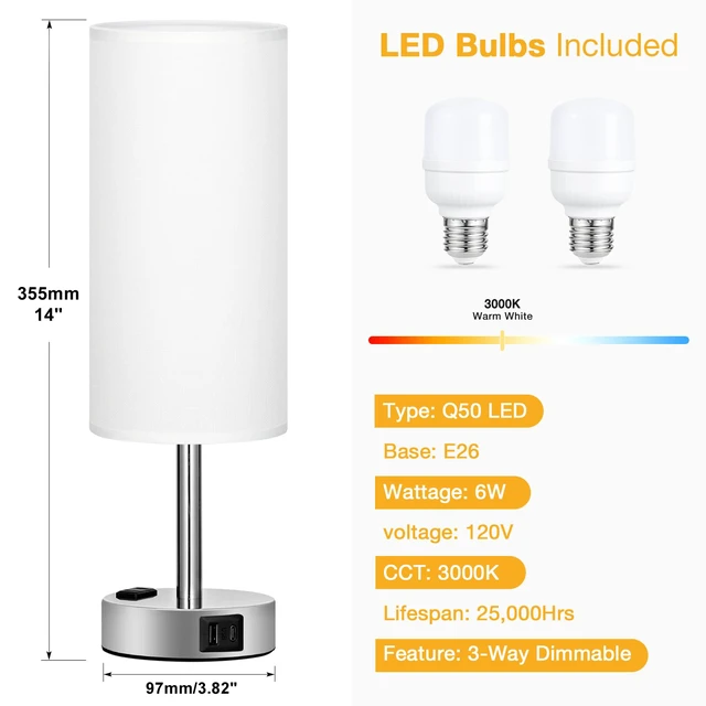 Alt view image 4 of 7 - Touch Bedside Table Lamps Set of 2 - Bedroom Lamp with USB A+C, AC Outlet 3-Way Dimmable, LED Bulb Included, White Fabric Lampshade, Sleek Silver Metal Base & Pole, 14" Small Nightstand Lamp for Desk