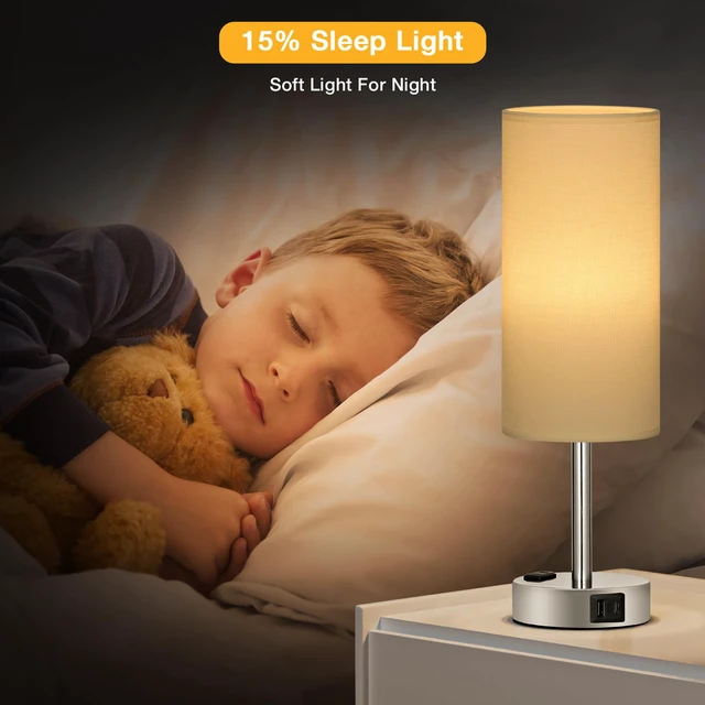 Alt view image 6 of 7 - Touch Bedside Table Lamps Set of 2 - Bedroom Lamp with USB A+C, AC Outlet 3-Way Dimmable, LED Bulb Included, White Fabric Lampshade, Sleek Silver Metal Base & Pole, 14" Small Nightstand Lamp for Desk