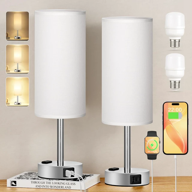 Alt view image 7 of 7 - Touch Bedside Table Lamps Set of 2 - Bedroom Lamp with USB A+C, AC Outlet 3-Way Dimmable, LED Bulb Included, White Fabric Lampshade, Sleek Silver Metal Base & Pole, 14" Small Nightstand Lamp for Desk