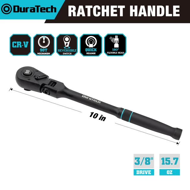 Alt view image 2 of 7 - 3/8-Inch Flex-Head Ratchet, 90-Tooth Quick-Release Ratchet Wrench Socket Wrench with 180° Pivoting Head and 7-Position Setting, Reversible, CR-V Made, CR-MO Head, Black Mn Phosphate Finish