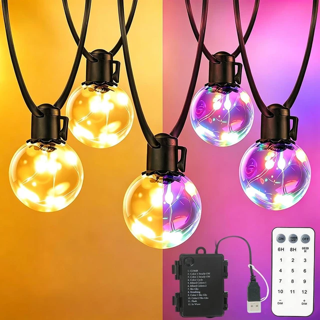 Main image of 20ft Outdoor String Lights Battery Operated,15 G40 LED Patio Bulbs Warm White Multicolor Dimmable Remote Timer Waterproof Hanging Globe Bulb Shatterproof for Backyard Balcony Christmas Decor