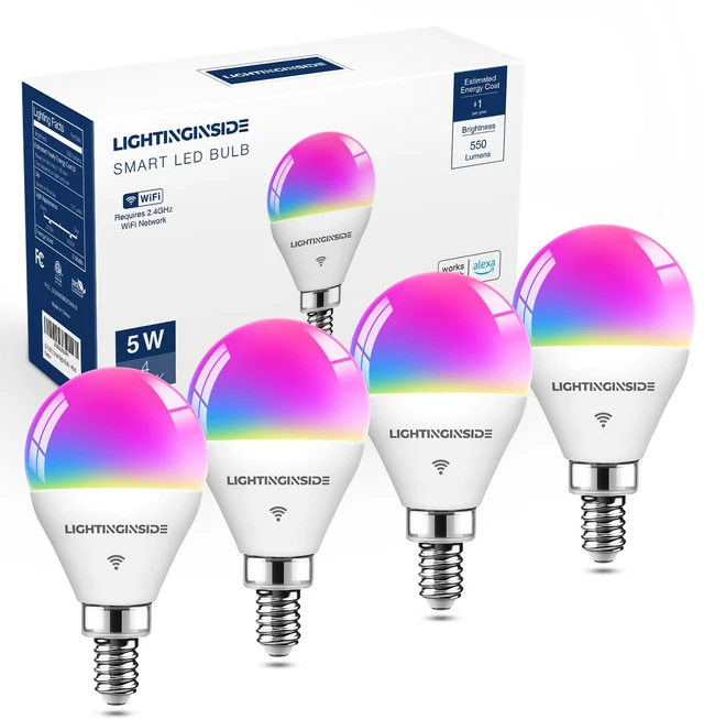 Main image of E12 Smart Light Bulbs Work with Alexa/Google Home, 4PCS No Hub Required, 50W 550LM G16.5 RGBCW Smart Bulb Work with SmartLife, 2.4G WiFi BLE Candelabra Chandelier Bulb, ETL Listed