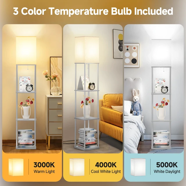 Alt view image 2 of 7 - Floor Lamp with Shelves, 3-Tier Square Modern Shelf Lamp 3CCT Bright Bulb Included, Tall Standing Lamps for Living Room Bedroom Office