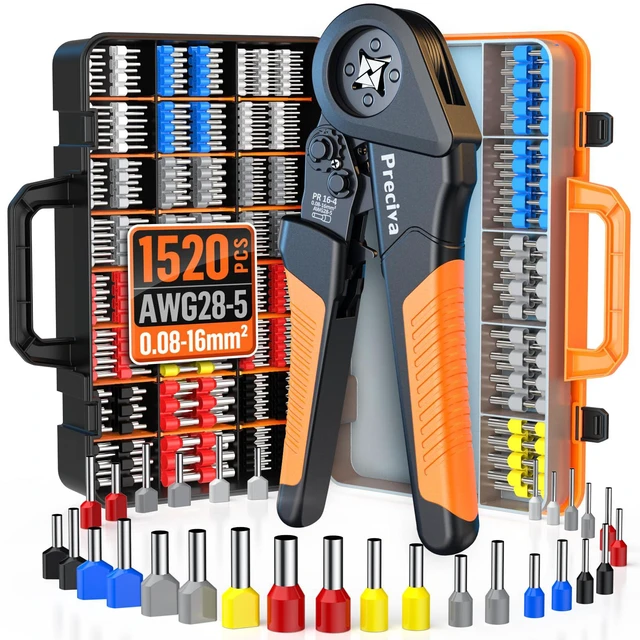 Main image of Ferrule Crimping Tool Kit - AWG 28-5 (0.08-16mm²) Ferrule Crimper with 1520Pcs Single & Twin Ferrules Connectors, Self-Adjustable Ratchet Ferrule Terminals Crimping Tool
