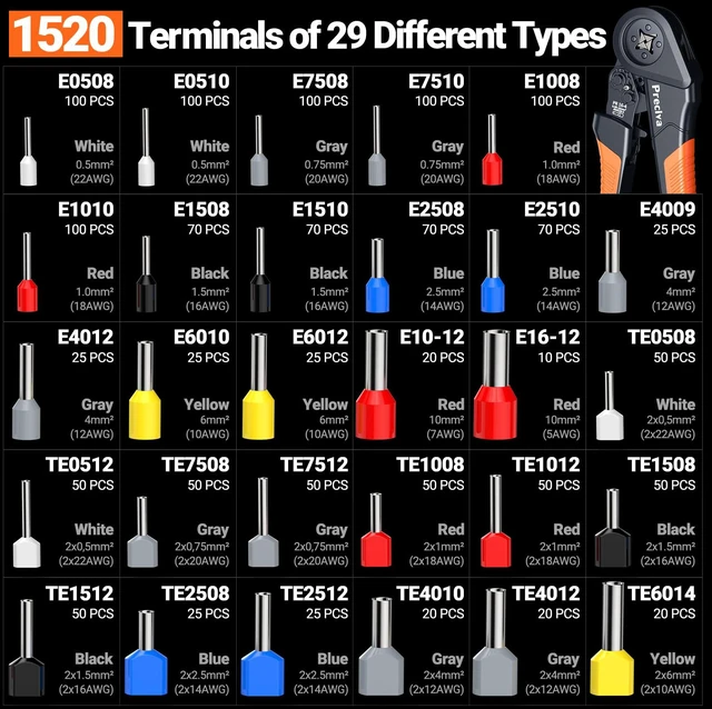 Alt view image 4 of 7 - Ferrule Crimping Tool Kit - AWG 28-5 (0.08-16mm²) Ferrule Crimper with 1520Pcs Single & Twin Ferrules Connectors, Self-Adjustable Ratchet Ferrule Terminals Crimping Tool