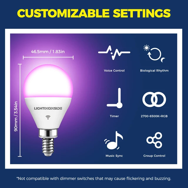 Alt view image 6 of 7 - E12 Smart Light Bulbs Work with Alexa/Google Home, 4PCS No Hub Required, 50W 550LM G16.5 RGBCW Smart Bulb Work with SmartLife, 2.4G WiFi BLE Candelabra Chandelier Bulb, ETL Listed