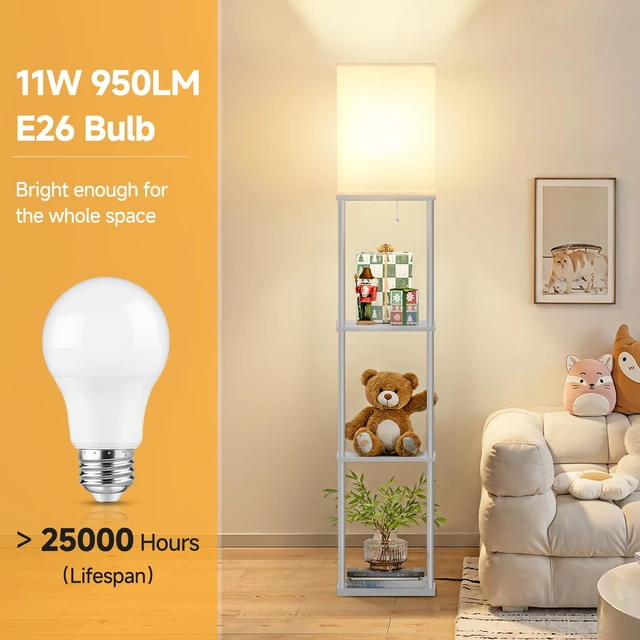 Alt view image 3 of 7 - Floor Lamp with Shelves, 3-Tier Square Modern Shelf Lamp 3CCT Bright Bulb Included, Tall Standing Lamps for Living Room Bedroom Office
