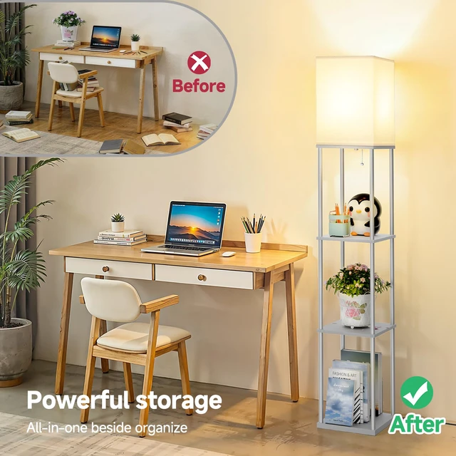 Alt view image 4 of 7 - Floor Lamp with Shelves, 3-Tier Square Modern Shelf Lamp 3CCT Bright Bulb Included, Tall Standing Lamps for Living Room Bedroom Office