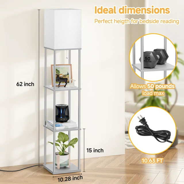 Alt view image 7 of 7 - Floor Lamp with Shelves, 3-Tier Square Modern Shelf Lamp 3CCT Bright Bulb Included, Tall Standing Lamps for Living Room Bedroom Office