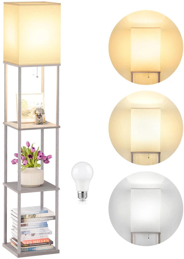 Main image of Floor Lamp with Shelves, 3-Tier Square Modern Shelf Lamp 3CCT Bright Bulb Included, Tall Standing Lamps for Living Room Bedroom Office