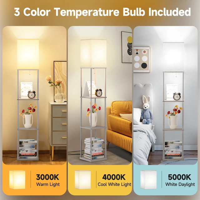 Alt view image 2 of 7 - Floor Lamp with Shelves, 3-Tier Square Modern Shelf Lamp 3CCT Bright Bulb Included, Tall Standing Lamps for Living Room Bedroom Office