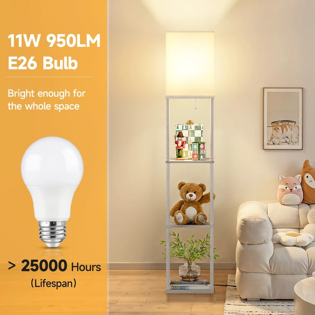 Alt view image 3 of 7 - Floor Lamp with Shelves, 3-Tier Square Modern Shelf Lamp 3CCT Bright Bulb Included, Tall Standing Lamps for Living Room Bedroom Office