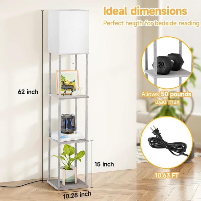 Alt view image 5 of 7 - Floor Lamp with Shelves, 3-Tier Square Modern Shelf Lamp 3CCT Bright Bulb Included, Tall Standing Lamps for Living Room Bedroom Office