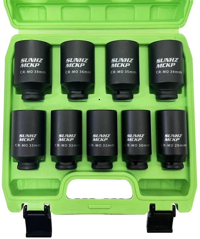Main image of SUNKPMCKP 1/2" Drive Deep 6-Point Impact Socket Set, 9-Piece METRIC Spindle Axle Nut Impact Socket Set, Cr-Mo, 29mm - 38mm