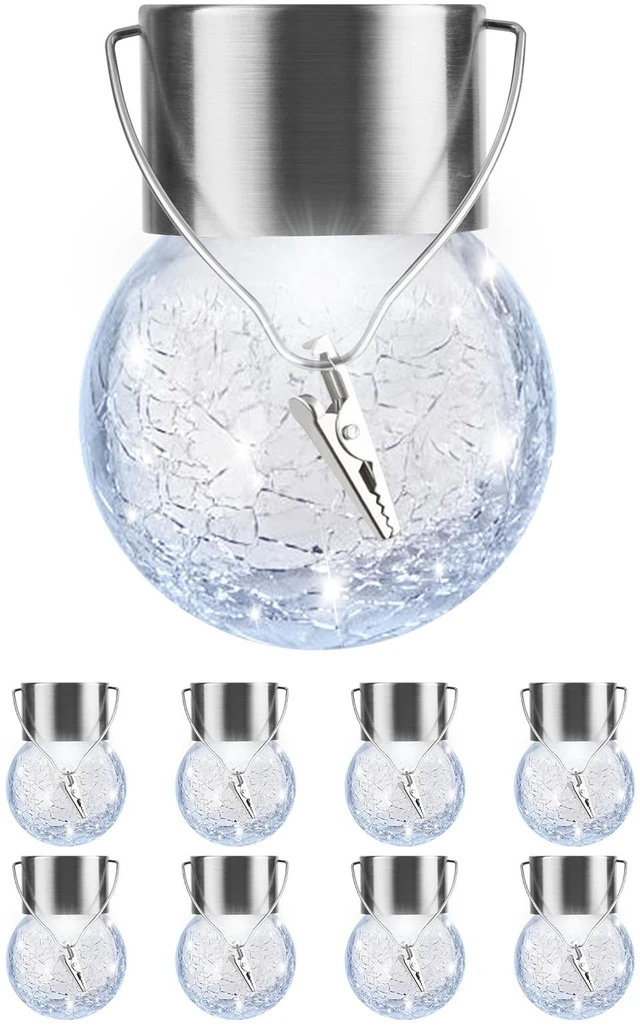 Main image of Solar Lights Outdoor Hanging Decorative Globe 8 Pack, Waterproof Solar Lantern with Handle and Clip, Solar Powered Glass Ball Lights for Garden Yard Fence Tree Umbrella Holiday Décor, Cold White