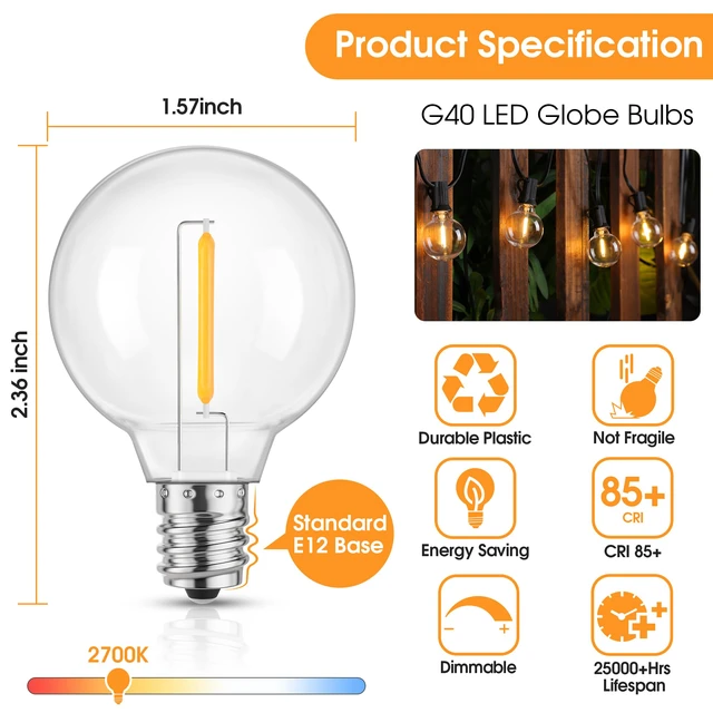 Alt view image 6 of 7 - 75 Pack G40 LED Replacement String Light Bulbs, E12 Base, 1W,2700K Waterproof, Shatterproof, Energy Efficient, Dimmable, Equal to 5W Incandescent, Warm White, Not Solar String Compatible