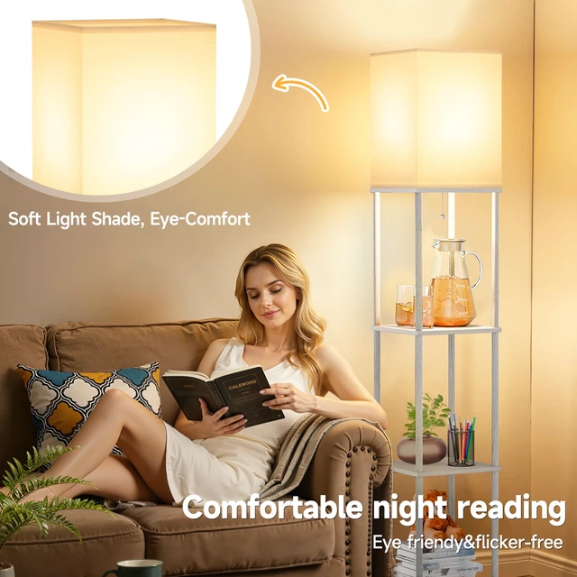 Alt view image 6 of 7 - Floor Lamp with Shelves, 3-Tier Square Modern Shelf Lamp 3CCT Bright Bulb Included, Tall Standing Lamps for Living Room Bedroom Office