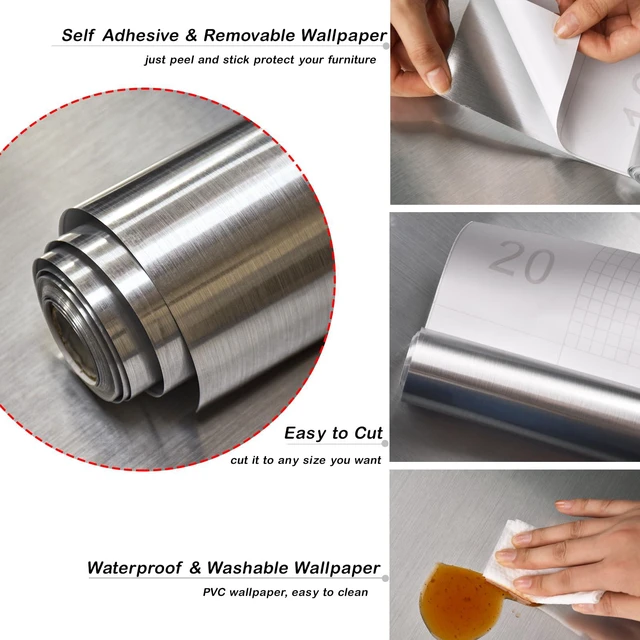 Alt view image 4 of 7 - Stainless Steel Contact Paper Peel and Stick Silver 17.7×276 Stainless Steel Wallpaper for Metallic Chrome Appliances Fridge Vinyl Wrap Self Adhesive Wallpaper Kitchen Dishwasher Cover