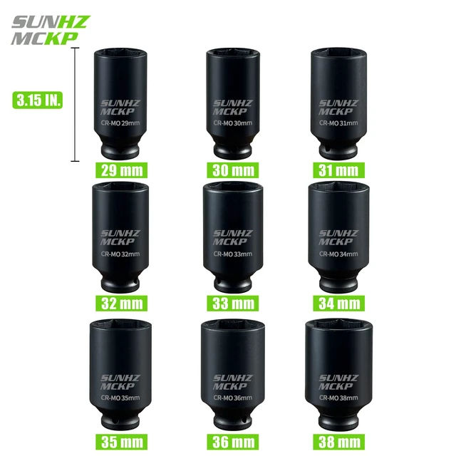 Alt view image 2 of 7 - SUNKPMCKP 1/2" Drive Deep 6-Point Impact Socket Set, 9-Piece METRIC Spindle Axle Nut Impact Socket Set, Cr-Mo, 29mm - 38mm