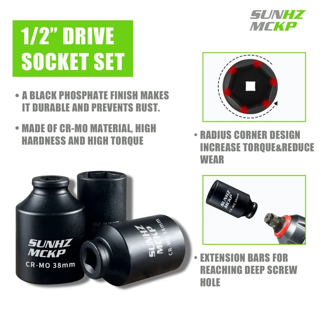 Alt view image 3 of 7 - SUNKPMCKP 1/2" Drive Deep 6-Point Impact Socket Set, 9-Piece METRIC Spindle Axle Nut Impact Socket Set, Cr-Mo, 29mm - 38mm