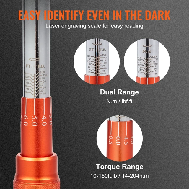 Alt view image 4 of 7 - Torque Wrench 1/2" Drive 10-150ft.lb/14-204n.m Click Torque Wrench Auto or Instruments Repairing, Chrome Vanadium Steel, Dual-Direction Adjustable, with Double Range Scales, Adapters, Orange
