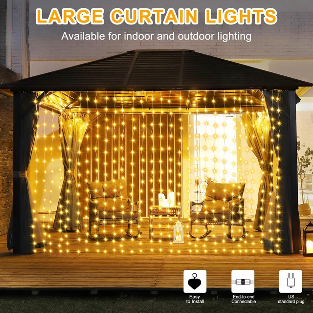 Alt view image 4 of 7 - 20Ft x 10Ft Large Curtain Lights Plug in Warm White & Multicolor 600 LED Dual Color Changing Outdoor Curtain Lights Waterproof Connectable with Remote for Wedding Backdrop Yard Decor
