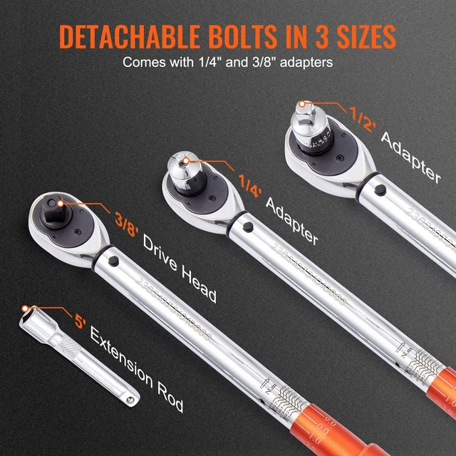 Alt view image 5 of 7 - Torque Wrench 1/2" Drive 10-150ft.lb/14-204n.m Click Torque Wrench Auto or Instruments Repairing, Chrome Vanadium Steel, Dual-Direction Adjustable, with Double Range Scales, Adapters, Orange