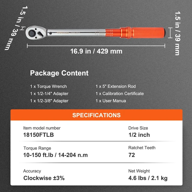 Alt view image 7 of 7 - Torque Wrench 1/2" Drive 10-150ft.lb/14-204n.m Click Torque Wrench Auto or Instruments Repairing, Chrome Vanadium Steel, Dual-Direction Adjustable, with Double Range Scales, Adapters, Orange