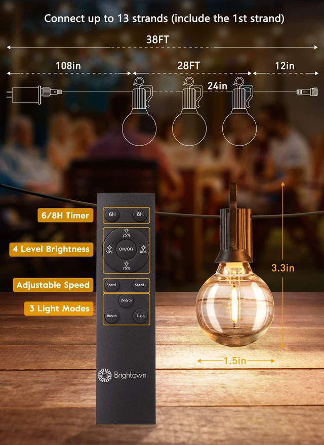 Alt view image 2 of 7 - Outdoor String Lights, 38FT 15 Shatterproof LED Bulbs with Remote, Waterproof Dimmable Patio Hanging Lamps for Porch, Balcony, Bistro, Cafe, Deck, Backyard