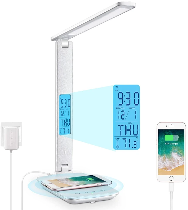 Main image of Desk Lamp with Wireless Charger: USB Charging Port, Table Lamp with Clock, Desk Lamps for Home Office College Dorm Room Essentials
