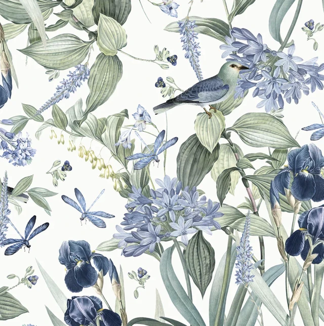 Main image of Floral Wallpaper Peel and Stick Flower Bird Blue Vinyl 17in x 393in Flower Contact Paper Vintage Floral Wallpaper Boho Self Adhesive Waterproof Wall Paper Botanical Removable Decorative Vinyl