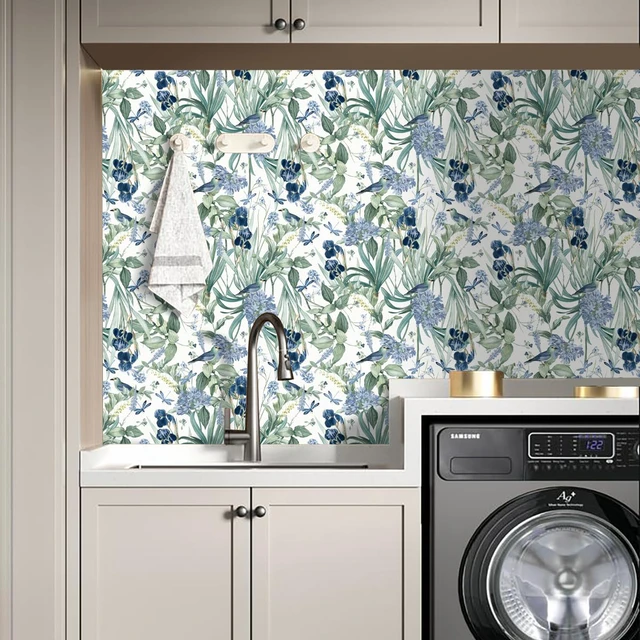 Alt view image 4 of 7 - Floral Wallpaper Peel and Stick Flower Bird Blue Vinyl 17in x 393in Flower Contact Paper Vintage Floral Wallpaper Boho Self Adhesive Waterproof Wall Paper Botanical Removable Decorative Vinyl