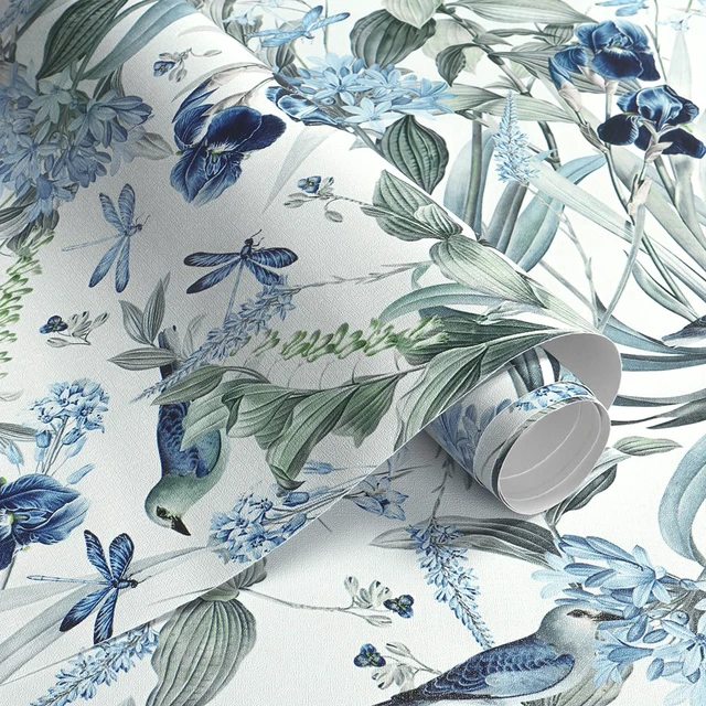 Alt view image 5 of 7 - Floral Wallpaper Peel and Stick Flower Bird Blue Vinyl 17in x 393in Flower Contact Paper Vintage Floral Wallpaper Boho Self Adhesive Waterproof Wall Paper Botanical Removable Decorative Vinyl