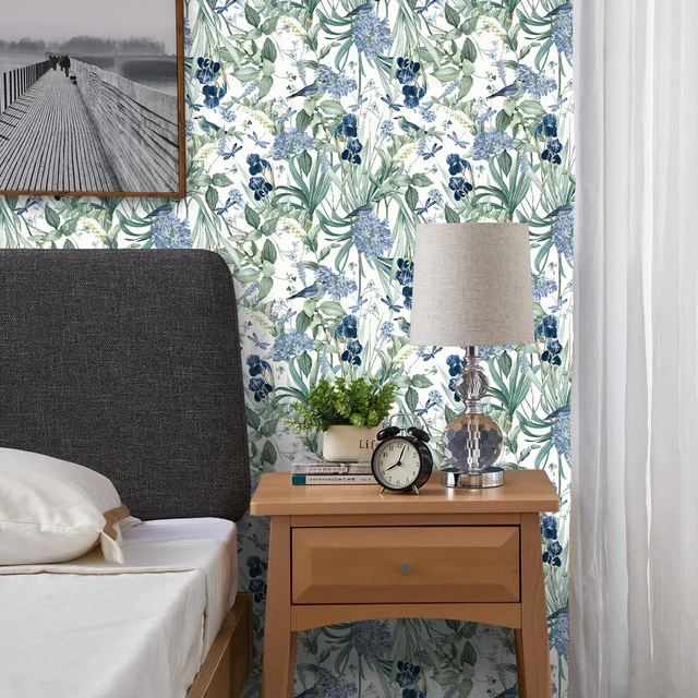Alt view image 6 of 7 - Floral Wallpaper Peel and Stick Flower Bird Blue Vinyl 17in x 393in Flower Contact Paper Vintage Floral Wallpaper Boho Self Adhesive Waterproof Wall Paper Botanical Removable Decorative Vinyl