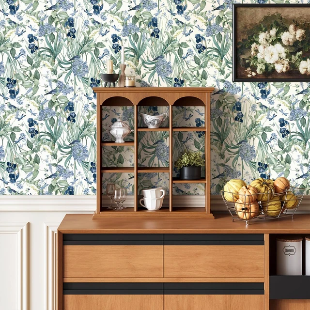 Alt view image 7 of 7 - Floral Wallpaper Peel and Stick Flower Bird Blue Vinyl 17in x 393in Flower Contact Paper Vintage Floral Wallpaper Boho Self Adhesive Waterproof Wall Paper Botanical Removable Decorative Vinyl