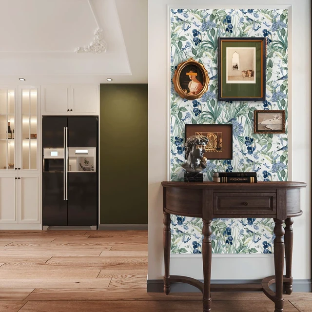 Alt view image 7 of 7 - Floral Wallpaper Peel and Stick Flower Bird Blue Vinyl 17in x 590in Flower Contact Paper Vintage Floral Wallpaper Boho Self Adhesive Waterproof Wall Paper Botanical Removable Decorative Vinyl
