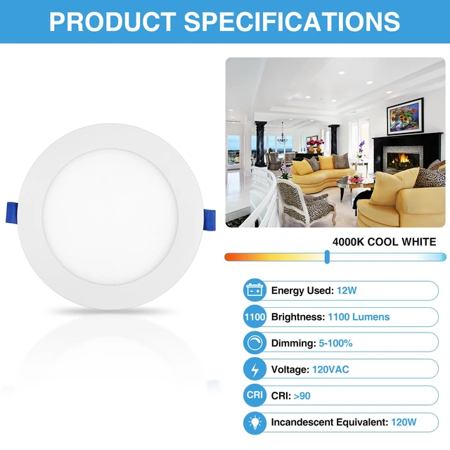 Alt view image 4 of 7 - 6 Inch Ultra-Thin LED Recessed Ceiling Light with Junction Box, 12W 4000K Cool White, 1100Lm High Brightness, Dimmable Canless Wafer Downlight, ETL&FCC Listed, 6 Pack