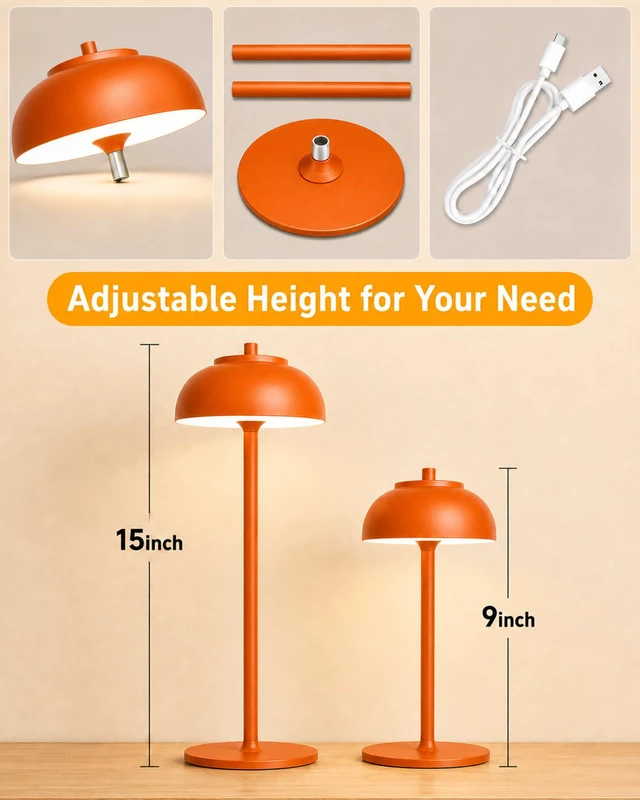 Alt view image 7 of 7 - Orange Cordless Table Lamps, Rechargeable LED Touch Lamp, 2 Pack Waterproof, 5000mAh Battery, Touch Dimming, Wireless Table Lamps for Outdoor Patio, Restaurant, Dinner, Table Top, Home Bar