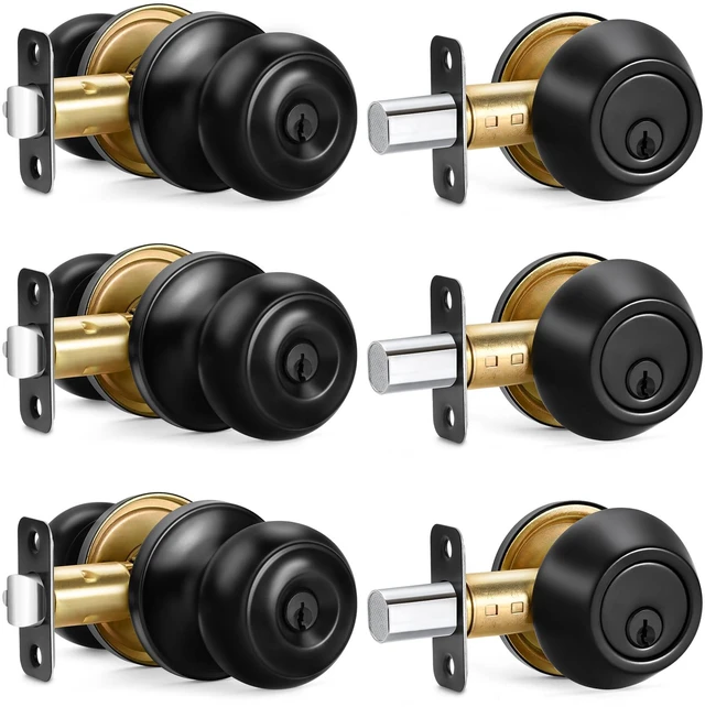 Main image of 3 Sets Entry Door Knob and Single Cylinder Deadbolt Combo Set, Keyed Alike Round Ball Matte Black Interior/Exterior Door Knobs with Lock and Keys for Entrance, Front Door and Indoor Door