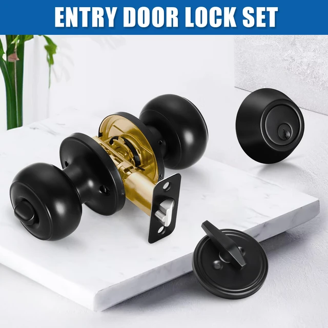 Alt view image 2 of 6 - 3 Sets Entry Door Knob and Single Cylinder Deadbolt Combo Set, Keyed Alike Round Ball Matte Black Interior/Exterior Door Knobs with Lock and Keys for Entrance, Front Door and Indoor Door