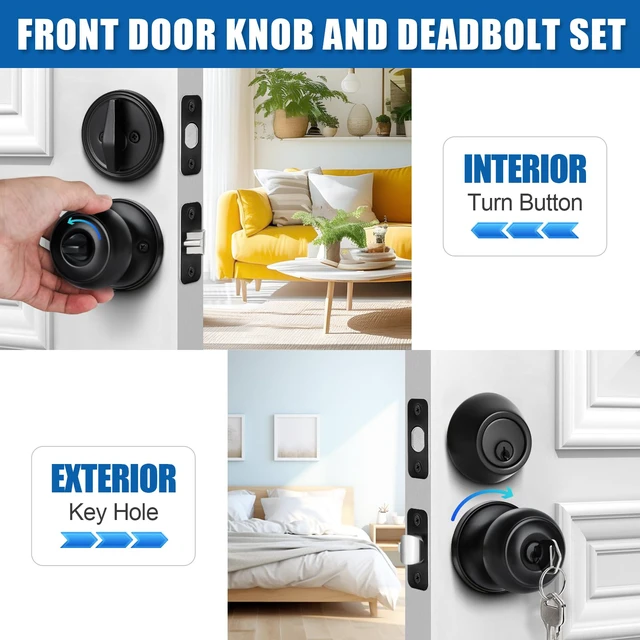 Alt view image 3 of 6 - 3 Sets Entry Door Knob and Single Cylinder Deadbolt Combo Set, Keyed Alike Round Ball Matte Black Interior/Exterior Door Knobs with Lock and Keys for Entrance, Front Door and Indoor Door
