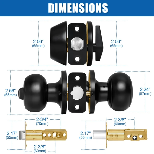 Alt view image 4 of 6 - 3 Sets Entry Door Knob and Single Cylinder Deadbolt Combo Set, Keyed Alike Round Ball Matte Black Interior/Exterior Door Knobs with Lock and Keys for Entrance, Front Door and Indoor Door