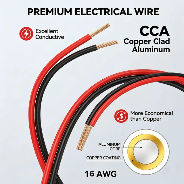 Alt view image 2 of 7 - 16 Gauge Wire 100FT, 16 AWG CCA Red and Black 2 Conductor Speaker Wire Copper Clad Aluminum Automotive Wire 16/2 for 12V/24V DC, Automotive, Car Audio, Home Theater, LED Strips, Lighting