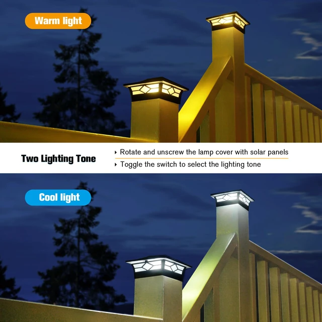 Alt view image 4 of 6 - Solar Post Cap Lights Outdoor 4pack, Waterproof Solar Powered Deck Fence Post Lights for 4x4 Wood/Vinyl Posts, Solar Outdoor LED Light with Cool/Warm Lighting Decorate Garden Patio Porch