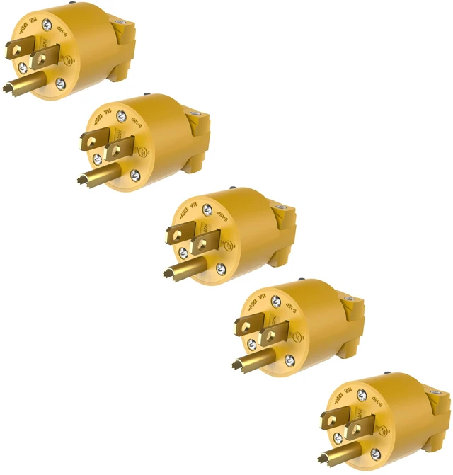 Main image of NEMA 5-15P Plug, Male Extension Cord Ends, Yellow, 5-Pack 12-14 AWG, nylon rubber housing, impact/corrosion resistant, UL Listed