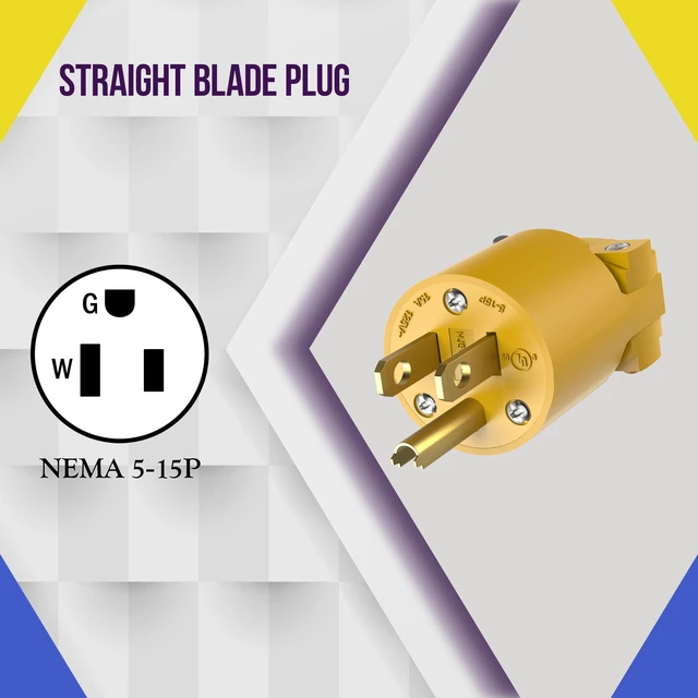 Alt view image 2 of 7 - NEMA 5-15P Plug, Male Extension Cord Ends, Yellow, 5-Pack 12-14 AWG, nylon rubber housing, impact/corrosion resistant, UL Listed