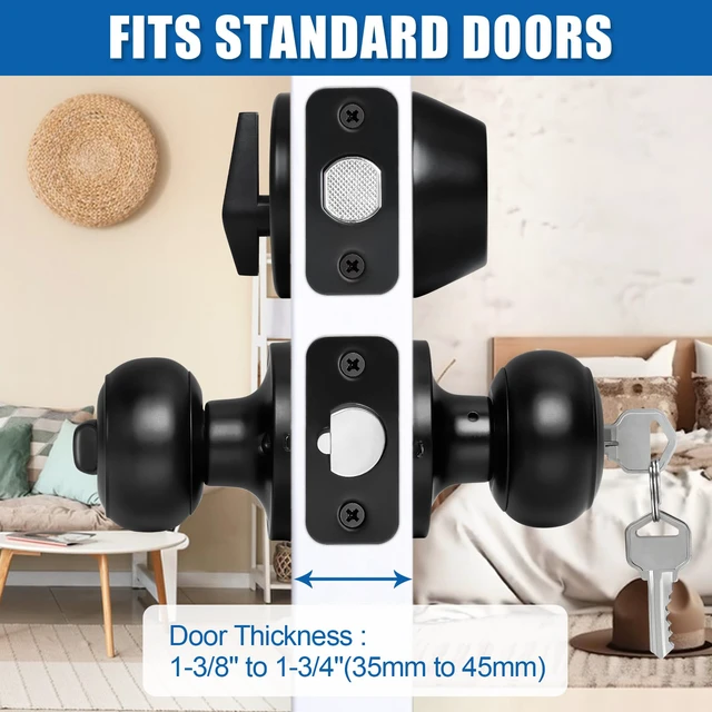 Alt view image 5 of 6 - 3 Sets Entry Door Knob and Single Cylinder Deadbolt Combo Set, Keyed Alike Round Ball Matte Black Interior/Exterior Door Knobs with Lock and Keys for Entrance, Front Door and Indoor Door