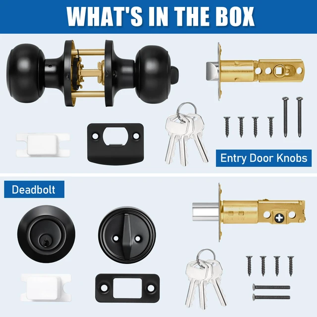 Alt view image 6 of 6 - 3 Sets Entry Door Knob and Single Cylinder Deadbolt Combo Set, Keyed Alike Round Ball Matte Black Interior/Exterior Door Knobs with Lock and Keys for Entrance, Front Door and Indoor Door